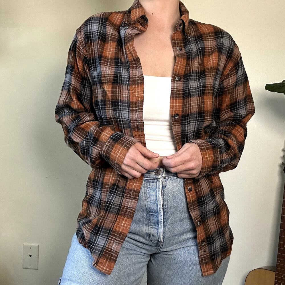 Haggar Orange & Brown Plaid Flannel Button Down Top Sz S